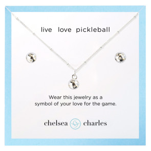 Pickleball Charm Necklace and Earrings Gift Set - Silver